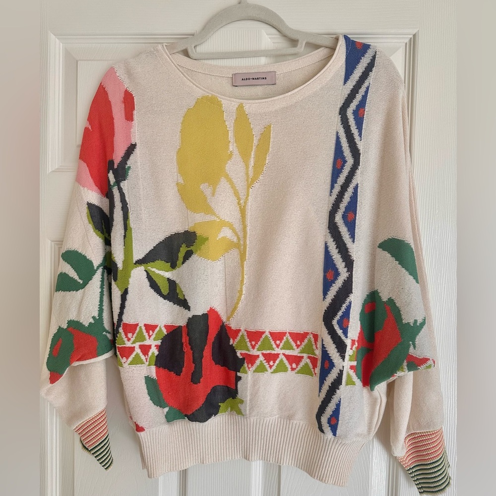 Aldo Martins Floral Statement Knit Sweater Cream Multicolor XS - Picture 3 of 5